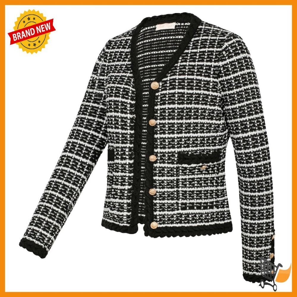 Tweed Cardigan Blazer V-Neck Button Front Pockets Fall Winter Spring